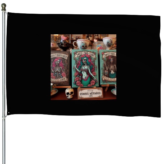 Colorful Sugar Skull Mermaid Design House Flags