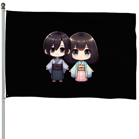 Chibi Kawaii Traditional Kimono Duo House Flags