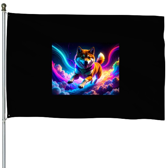 Vibrant Neon Shiba Inu in Surreal Sky House Flags
