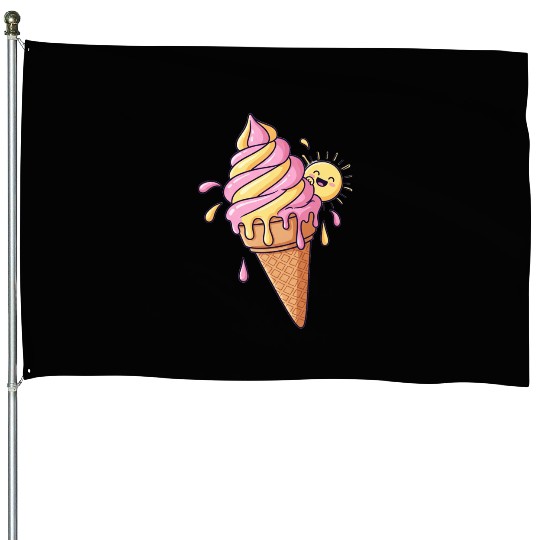 Whimsical Ice Cream Cone with Happy Sun House Flags