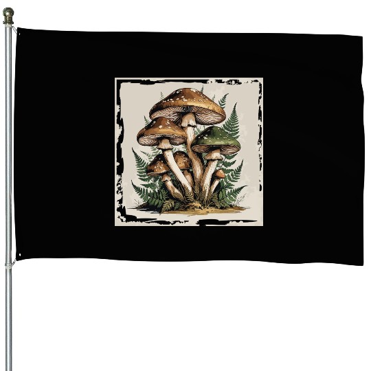 Mushroom Forest Botanical Illustration House Flags