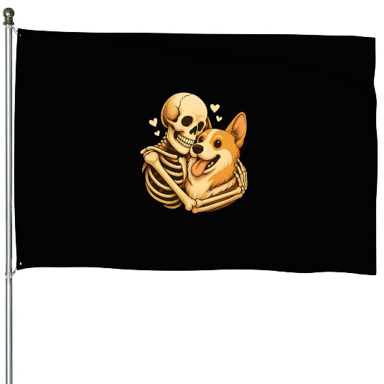 Halloween Skeleton Hugging Corgi Dog House Flags