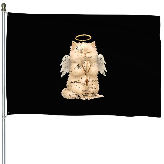 Heavenly Praying Cat with Angel Wings House Flags