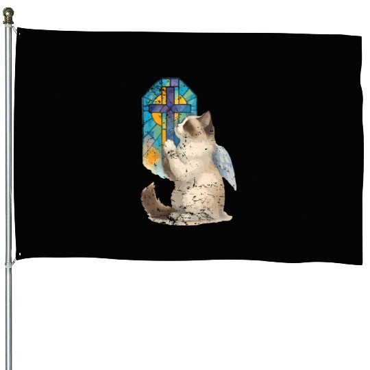 Celestial Cat with Stained Glass Cross House Flags