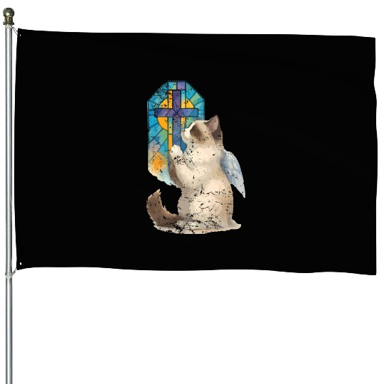 Celestial Cat with Stained Glass Cross House Flags