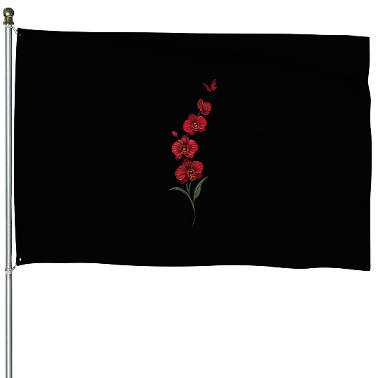 Red Orchid Flowers illustration with red butterfly House Flags