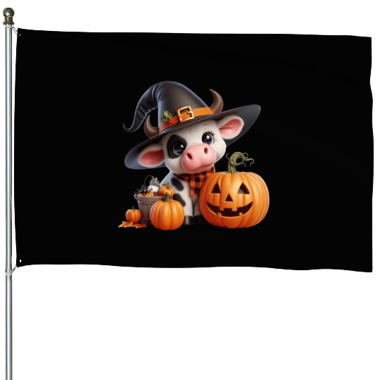 Cute Halloween Cow House Flags