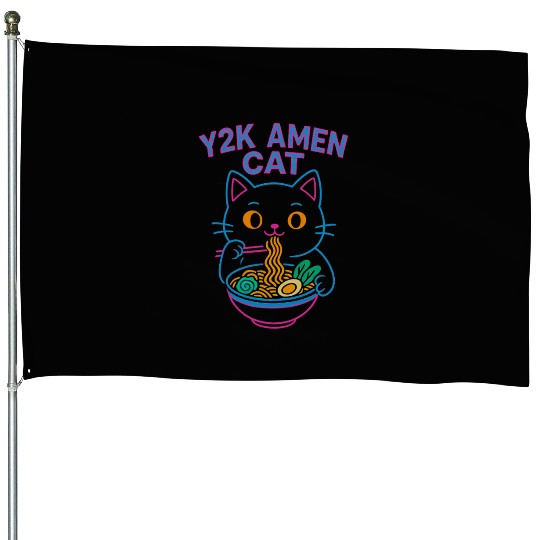 Y2K Ramen Cat – Retro Neon Anime Noodle Lover Desi House Flags