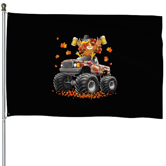 Thanksgiving Beer Turkey Riding Monster Truck  House Flags