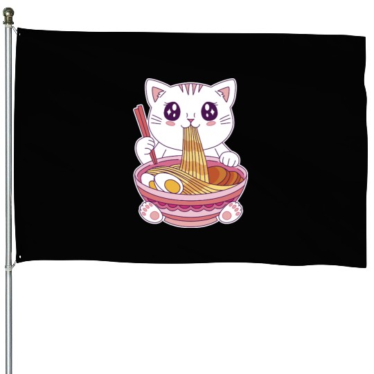 Cute Kawaii Cat Eating Ramen  House Flags