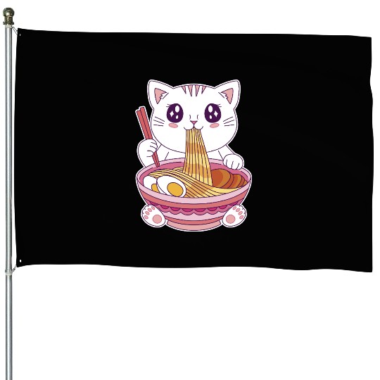 Cute Kawaii Cat Eating Ramen  House Flags
