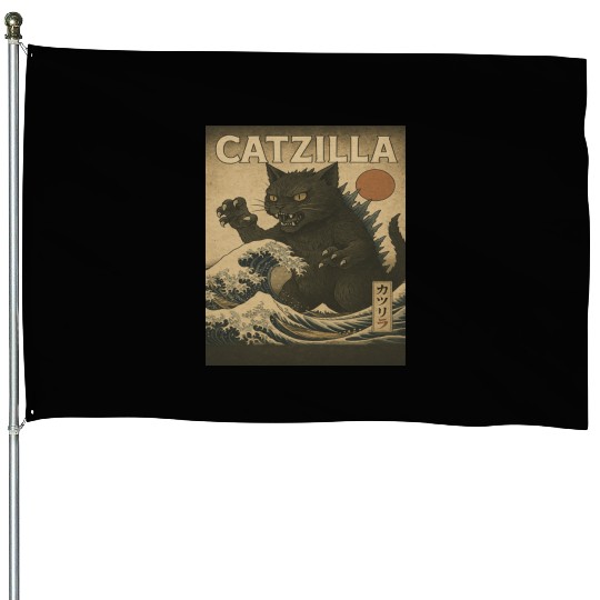 Ukiyo-e Catzilla Retro Japanese Monster Cat House Flags