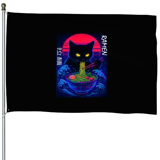 Neon Black Cat Ramen Art House Flags