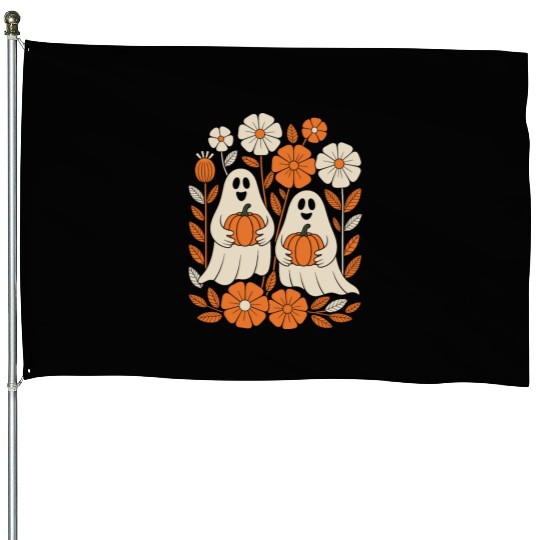 Floral Halloween Vintage Ghost Flower Pumpkin House Flags