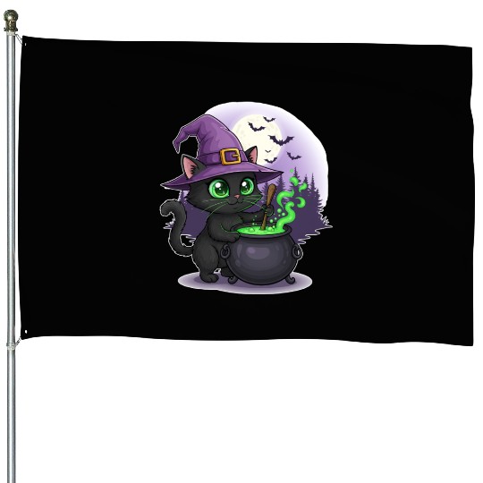Enchanting Witch Cat Under Full Moon House Flags