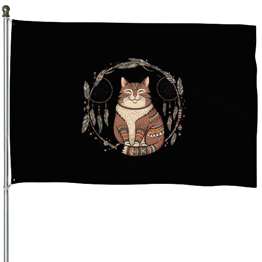 Boho Cat Dreamcatcher – Tribal Spirit Animal House Flags