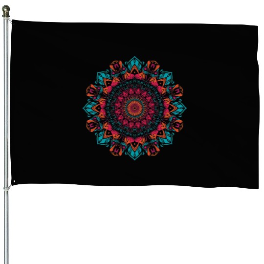 Vivid Floral Mandala Pattern House Flags