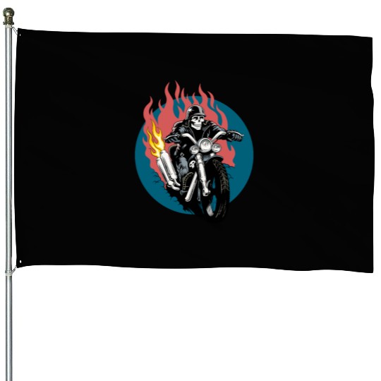 Skull Rider on Flaming Motorcycle House Flags