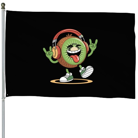 Playful Kiwi Cartoon with Headphones House Flags