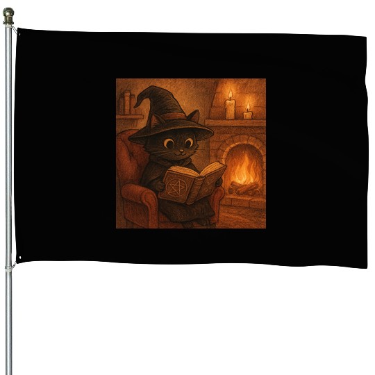 Enchanted Cat Witch by the Fireplace House Flags