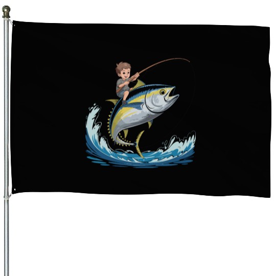 Joyful young boy rides massive jumping tuna House Flags