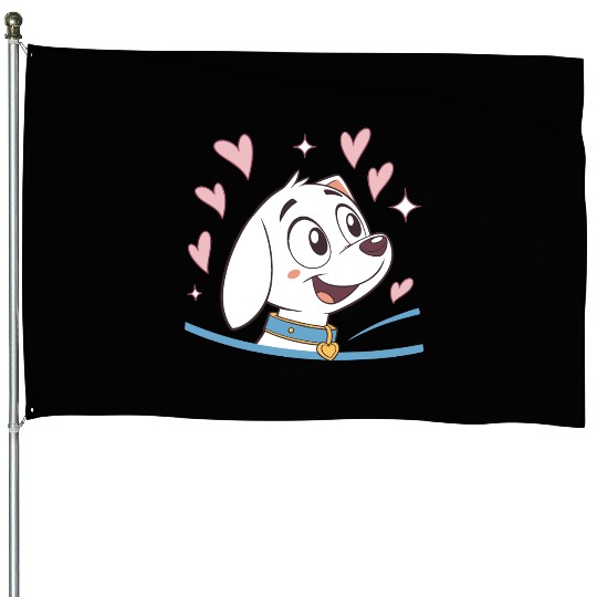 Cartoon Puppy with Hearts and Stars House Flags