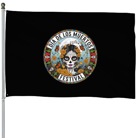 Vibrant Día de los Muertos Skull House Flags