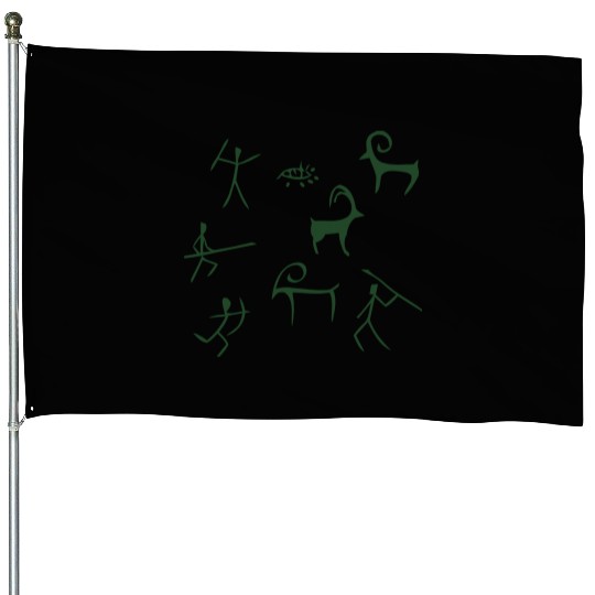 Caveman hunting cave drawings House Flags