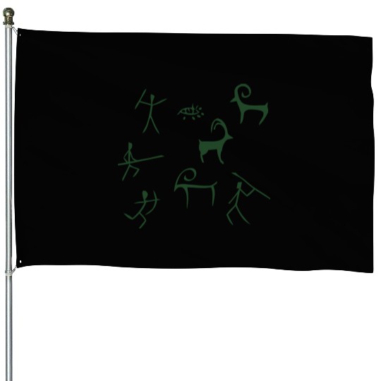 Caveman hunting cave drawings House Flags