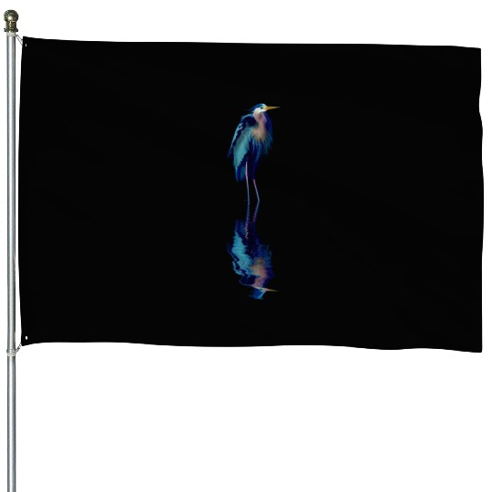 Great Blue Heron Stands Reflected House Flags