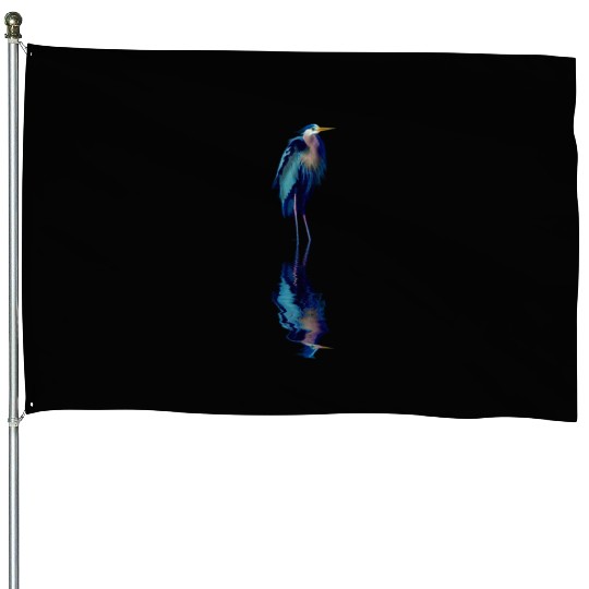Great Blue Heron Stands Reflected House Flags