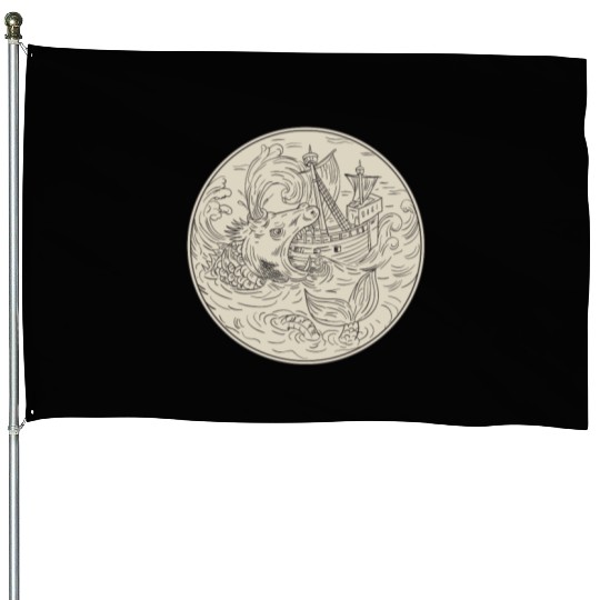 Ancient Sea Monster Attacking Sailing Ship Circle House Flags