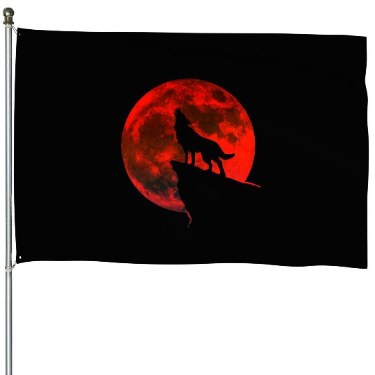 Howling wolf full blood moon space galaxy gift dog House Flags