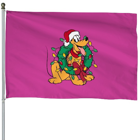 Pluto Wear Santa Hat Hug Christmas Wreath House Flags, Very Merry Xmas Party Disney Trip House Flags