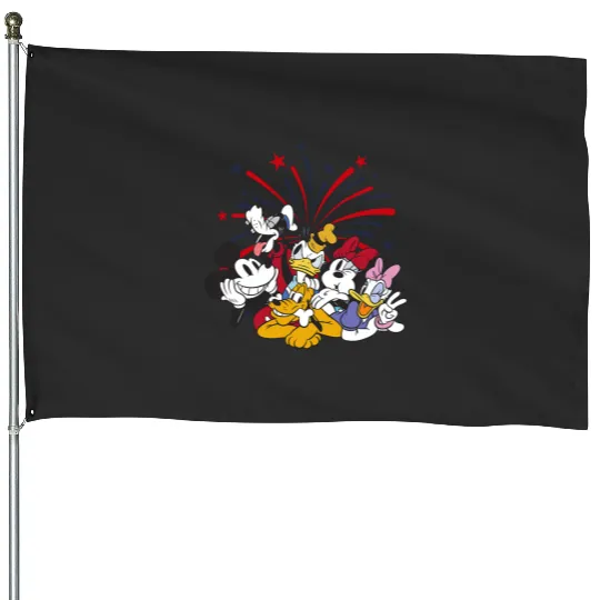 Disney Mickey and Friends 4th Of July Group Fireworks House Flags
