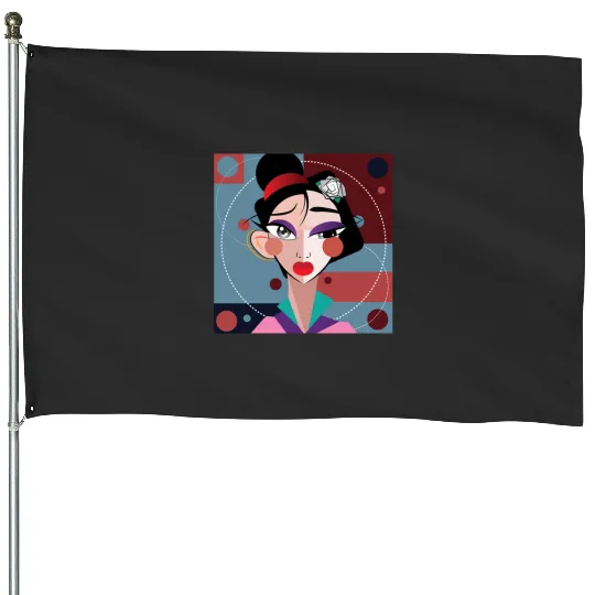 Crimson Essence Serene Beauty in a Short Japanese Kimono with Blue Eyes Sticker: Disney Mulan Anime Mushu, Mulan and Mushu House Flags