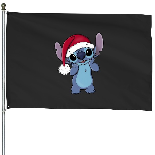 Disney Lilo Stitch Christmas Santa Hat Stitch Portrait Short Sleeve Black House Flags