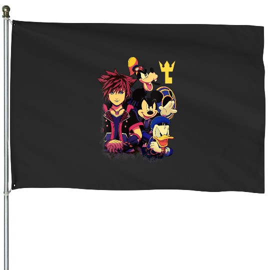 Disney Kingdom Hearts Sora Mickey Goofy Donald Key Vignette V-Neck House Flags