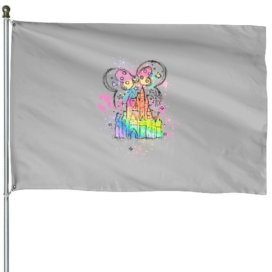Rainbow Pastel Watercolor Castle Disney House Flags, Minnie Mouse House Flags