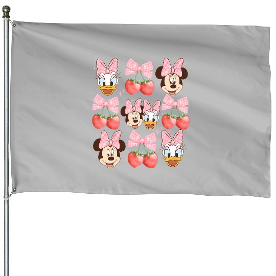 Vintage Minnie And Daisy Pink Bow House Flags, Disney Coquette Strawberry House Flags