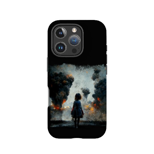 Kid in war looking at explosion AI painting IPhone Cases