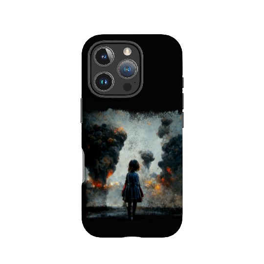Kid in war looking at explosion AI painting IPhone Cases