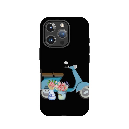Blue Retro Scooter With Tulips Art Design IPhone Cases