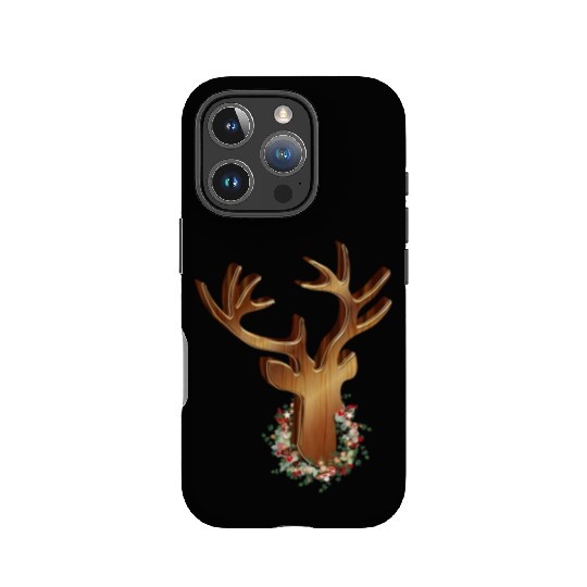 Deer head in wood look with Christmas wreath IPhone Cases