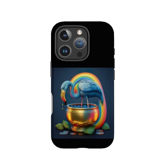 a blue flamingo on a rainbow with a golden coin IPhone Cases