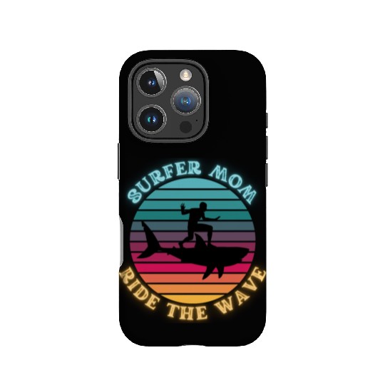 Shark Surfer Mom Ride the Wave Rainbow Sunset Neon IPhone Cases
