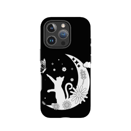 Floral Night Cat Sitting On Moon With Butterfly IPhone Cases