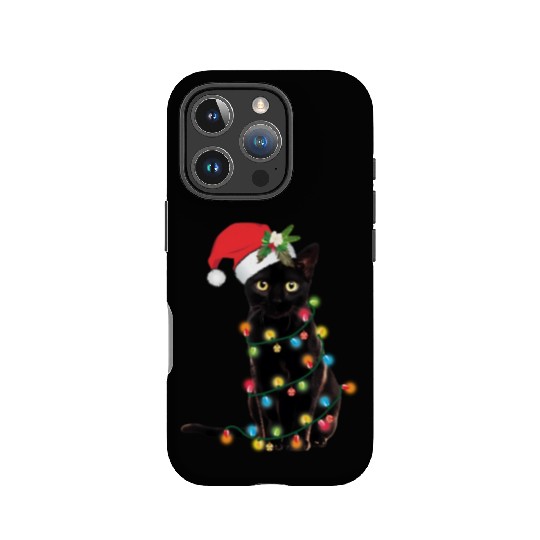 Black Cat Santa Tangled Up In Lights IPhone Cases