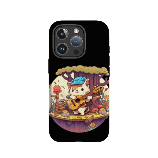 Cute Kawaii Cat Playing Guitar Banjo On Log IPhone Cases