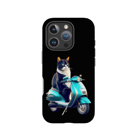 3D cute funny black cat rides a blue motorcycle IPhone Cases